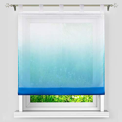 Heichkell Farbverlauf Raffrollo mit Schlaufen Voile Transparente Raffgardine Bändchenrollo in Küche Schlafzimmer Romantischer Stil Blau B×H 100×140 cm