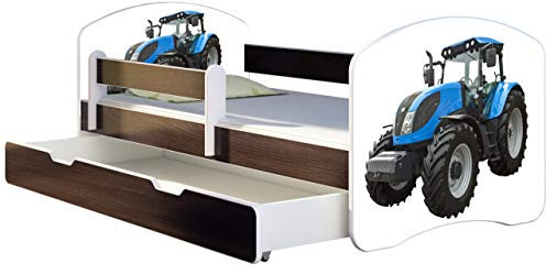 ACMA Kinderbett Jugendbett mit Einer Schublade und Matratze Wenge mit Rausfallschutz Lattenrost II 140x70 160x80 180x80 (42 Traktor, 180x80 + Bettkasten)