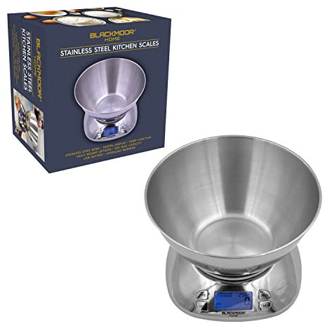 Blackmoor Digital Kitchen Scales with Bowl/Deluxe Stainless Steel Design/Weighing Scales for Cooking & Baking/Weigh in Ounces and Grams/Backlit LCD Display / 5kg Capacity/Tare Function