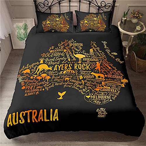 Bedrucktes Bettbezug Schwarz 135x200 cm Australien Karte Australia,3 Teilig Bettwäsche-Set Weich Pflegeleicht Hypoallergen Mikrofaser Bettbezug mit Reißverschluss Schließung + 2 Kissenbezügen 80x80cm