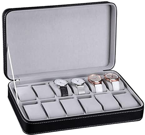 Guolich Uhr Aufbewahrungsbox Uhr Display Halter PU Lederschmuck Armband Kollektion Organizer mit Reißverschluss... (12 Slots)