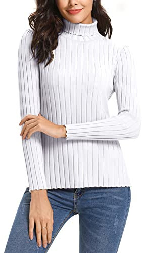 Gyaban Cable Knitted Jumper for Women UK Long Sleeve Tops Elegant Thick Sweater Sweatshirt Winter Turtleneck High Neck Clothes White