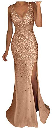 BOTCAM Abito da sera elegante da donna, abito da sera con paillettes, scollo a V, senza maniche, a vita alta, con spacco laterale, stile principessa, oro, M