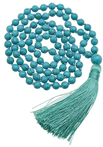 ECSiNG Collar de Turquesa de 8 Mm Estilo Bohemio Vintage con Borlas Largas Y Anudadas A Mano Collar Retro Cuentas de Bolas Redondas Colgante de Piedras Preciosas Joyería para Mujeres 52cm