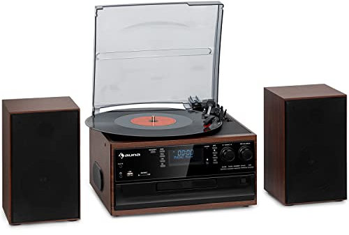 Auna Giradischi Bluetooth per Dischi in Vinile, Lettore Vinile a 3 Velocità di Riproduzione, Giradischi Vinili Vintage con Casse Stereo, AUX, Gira Dischi per Vinile con Jack per Cuffie e Lettore CD