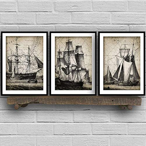 AIVYNA Vintage Segelschiff Poster Kunstdrucke Badezimmer Wand Bilder Dekor Marine Schiff Nautische Gemälde Leinwand Bild BüRo Dekoration Rahmenlos