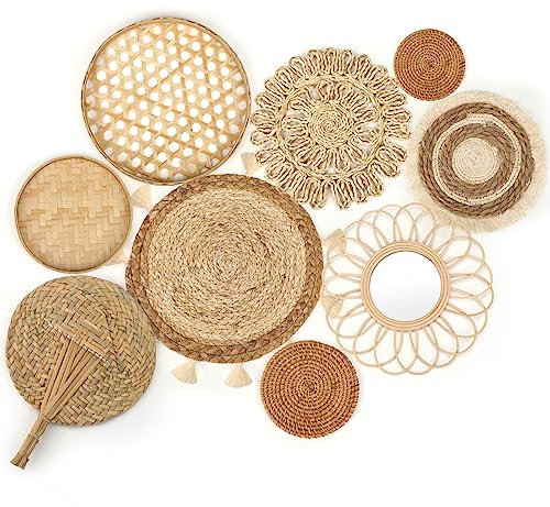 Unittype 9 Stück Wandkorb Dekor Boho Hängende Rattan Wanddekoration Flach Rund Weidenspiegel Gewebt Makramee Quasten Tapisserie Bambus Korb Handgemachte Serviertablett Kunst für Zimmer Schlafzimmer