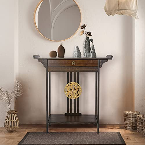 FATIVO Console Meuble Entrée Bambou: Table Console Entrée Bois Vintage Couloir Tables Consoles de Salon Meuble Console d'Entrée de Design Oriental pour Entrée Salon Couloir - 82 x 32 x 81.5 cm