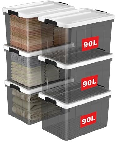 Cetomo 90L*6 Caja de Almacenamiento, Caja de Plástico con Tapa y Cierre Seguro, Contenedor de Almacenamiento Grande, Duradera, Apilable, Resistentes, Negro Transparente, Paquete de 6 de 90L