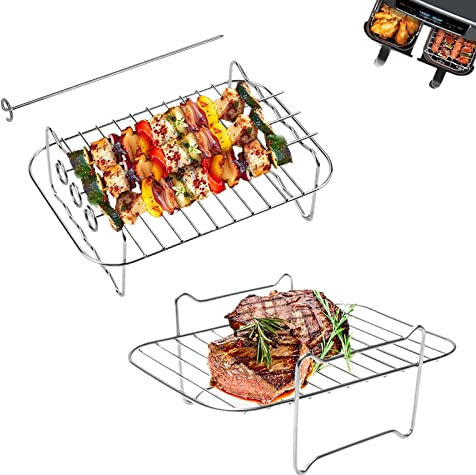 2Pcs Air Fryer Rack, Double Couche Grille avec 4 Brochettes, Accessoires pour Friteuse à Air, Support de Déshydrateur en Acier Inoxydable Compatible avec Ninja Foodi