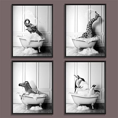 Martin Kench 4er Schwarz-Weiß Poster Set, Badezimmer Bilder Tiere in der Badewanne Modern Wandbilder Leinwandbilder Wanddeko Bilder für Badezimmer (21x30cm)