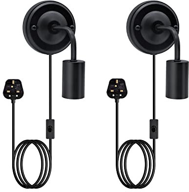 Black Metal Wall Sconce 2 Pack, Industrial Wall Light with Plug and Switch, Sconce Fitting with 180CM Cable, E27 Wall Lamp Holder, Plug in Wall Lights for Bedroom(No Bulb)