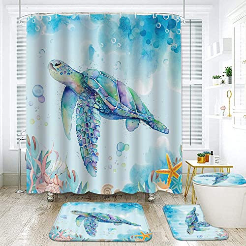 NEWSUYAA 4 Piece Sea Turtle Shower Curtain Bathroom Set,Teal Underwater Seaweed Seashell Curtain w/ Bath Rugs Toilet Seat Cover,Marine Animals Teal Ocean Shower Curtains w/ Hooks (Teal),72 inch
