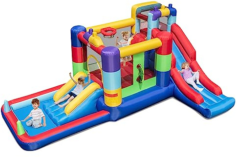 COSTWAY Inflatable Bouncy Castle, Bounce House with 2 Slides, Climbing Wall, Ocean Balls and Carrying Bag, Blow up Jumper for Kids 3-10 Years Old, 480 x 325 x 210cm