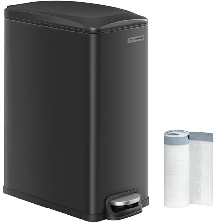 SONGMICS Mülleimer Küche, 48 Liter, schmal, Abfalleimer, Tretmülleimer für enge Räume, Küchenmülleimer mit Softclose-Deckel und Inneneimer, Stahl, 15 Müllbeutel inklusive, schwarz LTB510B4802