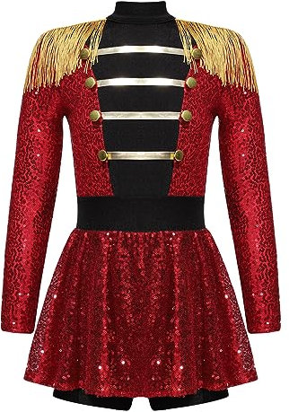 JEATHA Mädchen Zirkus Kostüme Pailletten Kurzarm Tanzkleid Ballettkleid Weihnachtskostüm Ehrengarde Zirkusdirektor Cosplay Fasching Karneval Kostüm D Rot 146-152
