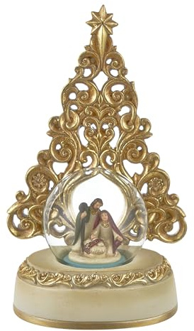Baroni Home Bola de nieve de cristal, resina y acero, globo de nieve de Navidad con representación de Natividad, elegante decoración navideña, diámetro 6,5 cm, Natividad con árbol