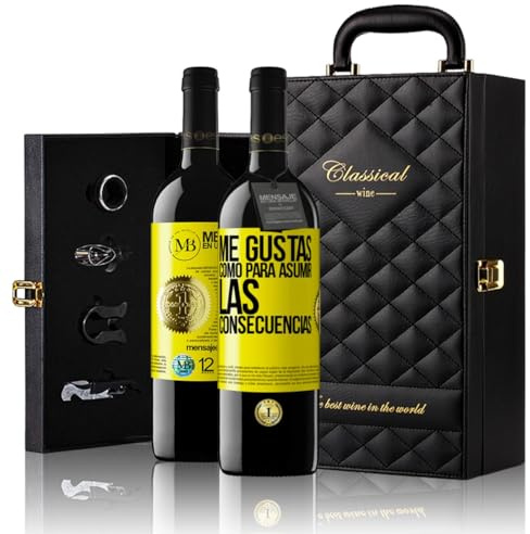 «Me gustas como para asumir las consecuencias» Mensaje en una Botella. Estuche-Maletín de LUJO 2x Vino Tinto Premium Reserva 12 Meses y Set de 4 Accesorios. Etiqueta Amarilla PERSONALIZABLE