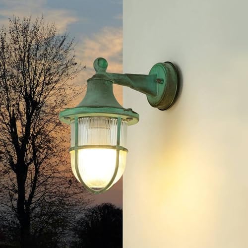 Außenlampe Messing, Wandleuchte Außen E27, Maritim Lampe Antik Grün, Riffelglas, T:22 cm, IP64, Laterne, Terrasse, Balkon, Rustikal, Outdoor Wandleuchte