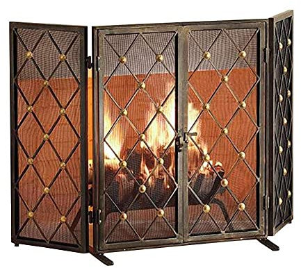 Messing-Gold-Kaminschutz mit Türen, Holzofen-Feuerschutz, Wohnzimmer-Feuerschutz, 52 Zoll x 32,3 Zoll