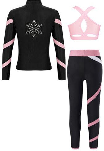 Jowowha Mädchen Trainingsanzug Sportanzug Glitzer Langarm Sweatjacke + Hose Sport Leggings Eiskunstlauf Anzug Yoga Gymnastik Eislaufen Tanzkleidung Rosa 158-164