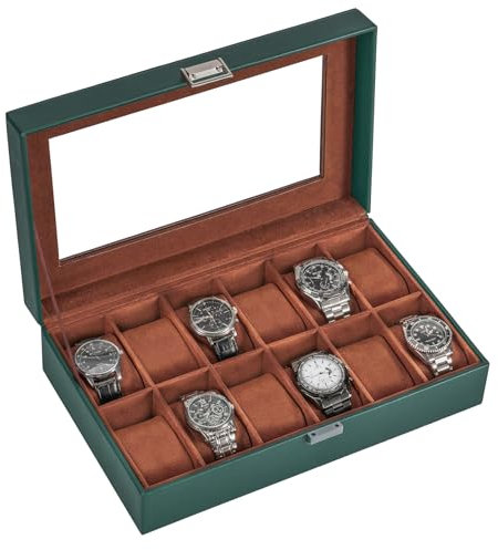 ProCase Uhrenbox mit 12 Fächern, Uhrenkasten mit Glasdeckel, Uhrenkoffer mit Uhrenkissen, Uhrenaufbewahrung, Premium-Uhrenschatulle, PU-Leder Uhrenkasten, Watch Box für Herren - 12 Fächer, Grün