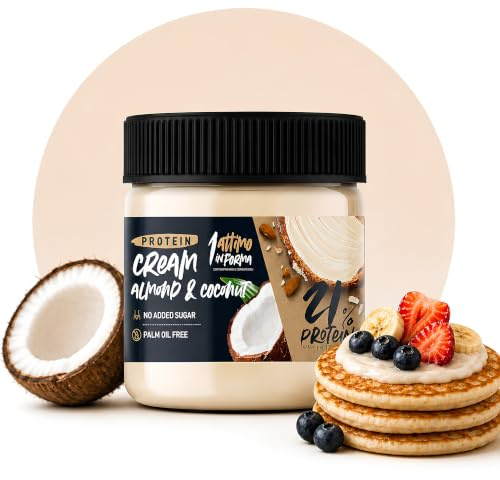1 Attimo in Forma | Crema Spalmabile 21% Proteica Cocco e Mandorle Senza Zuccheri Aggiunti 180g - Senza Olio di Palma Ricco di Proteine WPC 80 Colazione Spuntino