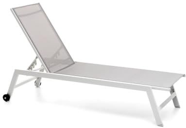 GLOUPIE Lettino Prendisole Da Giardino Alamos Pieghevole In Alluminio Verniciato Bianco Con Ruote Posteriori, Impilabile E Regolabile In 5 Posizioni, L 192 x P 60 x H 91 Cm, Seduta In Textilene