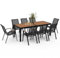 IDMarket - Gartenmöbel, Noumea, Tisch, 190 cm, Tischplatte aus gehärtetem Glas, Holzoptik und 8 stapelbare Stühle, Schwarz und Holz