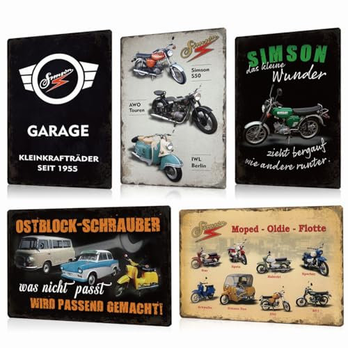 BUABUAMAR 5PC Blechschilder Set Simson Garage - DDR Nostalgie Motorrad Metallschild - Retro Schild Wanddeko Geschenke 20x30cm
