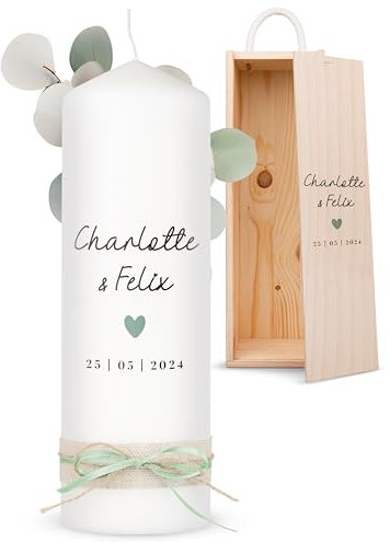 AMARI ® Hochzeitskerze Personalisiert mit Namen und Datum - Traukerze Standesamt - Herz 25/8 cm