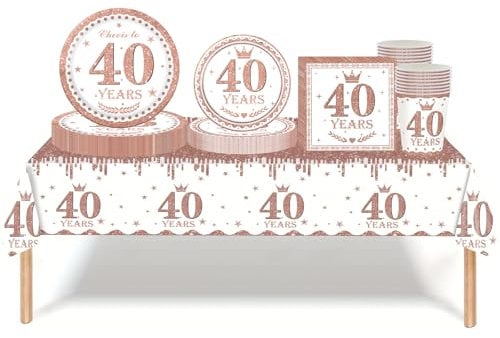 Rose Gold 40th Birthday Decorations - 69pcs Tableware Set for Her, Includes Tablecloth, Plates, Napkins, Cups