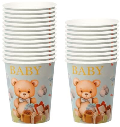 Service de table de fête motif ours bleu 24 pièces - Assiettes jetables - Serviettes avec ours bleu et rose - Vaisselle de fête pour anniversaire, fête des mères, fête prénatale (gobelet en carton