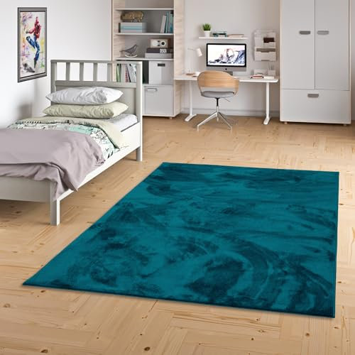 Pergamon Kinderteppich Hochflor Melia Kids Petrol - Flauschiger, Einfarbiger Teppich für Kinderzimmer, Weicher und Rutschfester Rücken