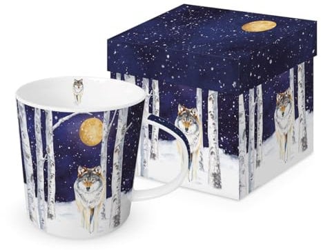 Tasse Weihnachten Wolf im Mondschein aus Porzellan. Motivtasse für den gedeckten Tisch und als Geschenk 0,4L x H10,5cm