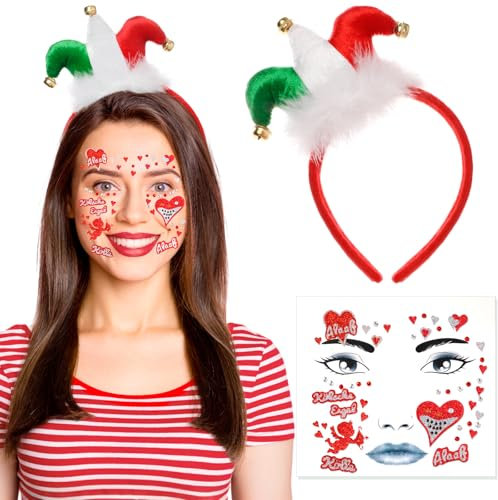 DPKOW Karneval Köln Accessoires, Köln Narrenkappe Karneval Gesichtstattoo Köln Karneval Rot Weiss, Clown Haarreif Karneval Kopfschmuck Köln Temporäre Tattoos Schminke Karneval Faschingskostüme Damen