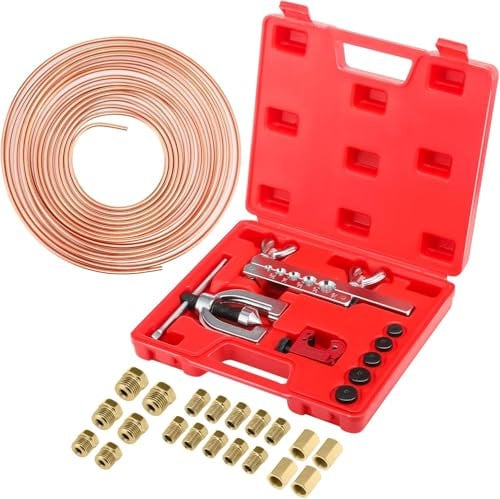 GEARCELL 25 ft 3/16'' Copper Coated Brake Line Kit with 16 Fittings and 4 Unions Brake Line Fittings,Brake Line Double & Single Flaring Tool Kit,Fits for Most Hydraulic Braking Systems,Fuel Systems