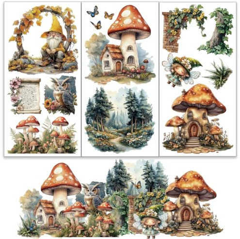 OLYCRAFT 3 Stück/Set Wald Abziehbilder Zum Aufreiben Für Möbel Und Kunsthandwerk 15x30cm Wichtel Pilz Schmetterling Möbelaufkleber Häuser Transferaufkleber Abziehbilder Zum Aufreiben