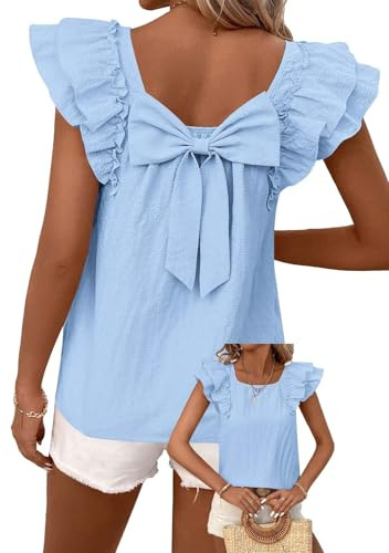 Falechay Summer Cute Womens Tops Women Going Out Sexy Bow Tie Back Blouses Babydoll Ruffle Sleeve Wrinkles Shirts Fashion Crewneck Clothing Short Butterfly Sleeves Flowy Plus Size Light Blue Tee XL