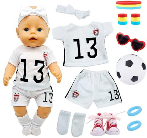 Puppenkleidung für 12-14 Zoll Baby Puppen, 12 Fußball Puppen Kleidung Zubehör mit Shirt Shorts Socken Schuhe Stirnband Haarbänder Bracers Fußball für 30-35 cm Neu Baby Puppe Kleidung Geschenk