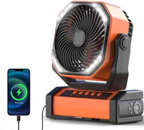 Camping Fan with LED Light, 20000mAh Rechargeable Battery Fan with Timer and Remote, 4 Speeds Adjustable, Independent Switch, 45°/90° Arbitrary Rocking Head, Personal USB Desk Fan, for Outdoor Tent