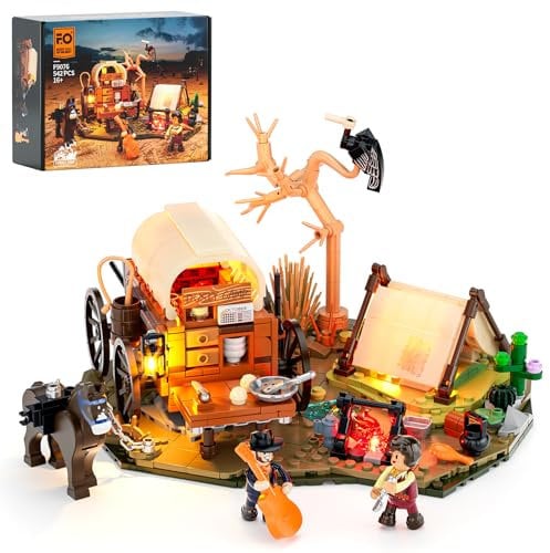 FUNWHOLE Kit de construcción de campamento vaquero – 542 piezas con luz, modelo con tienda de campaña y carrito de cocina, juguete de construcción occidental nostálgico para los fans de la cultura