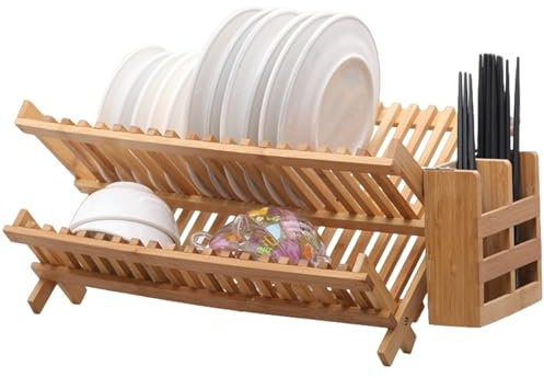 Hperu 20 Slots Dish Drainer Rack 2 Tier Bamboo Collapsible Draining Board with Utensil Holder for Kitchen, Hollow-out Design, Wooden Dish Rack