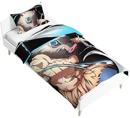 LJFIWY Kamado Tanjiro Nezuko Bettwäsche, 2-teiliges Anime-Bettbezug- und Kissenbezug-Set für Kinder, weiche Cartoon-Bettbezüge, Schlafzimmerdekoration (Hashibira Inosuke, Einzelbett/135 x 200 cm)