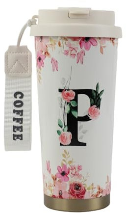 MHwan Borraccia Termica, Termos Caffè con Isolamento Sottovuoto a Doppio Strato (530ml), Regalo Personalizzato per Donna con Iniziali Dalla A alla Z, può Essere Bevuta Direttamente o con Una Cannuccia