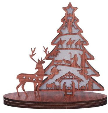 AOOOWER Árbol de Navidad de madera LED de color blanco cálido para ambientes interiores festivos, funciona con pilas