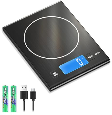 Diyife 15 kg Digitale Küchenwaage aus Hochwertigem 304 Edelstahl, Schwarze | Dual-Power Batterien & Typ-C Aufladbar, LED-Display,Tara-Funktion, Hohe Präzision, Multifunktions-Lebensmittelwaage