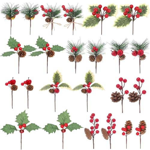 MWOOT 24 Piezas Ramas de Pino Artificiales, Púas de Pino Navidad con Bayas Rojas Piñas Hojas de Acebo Campanas, Ramas de Abeto para Guirnalda Árbol de Navidad Mesa Decoración del Hogar