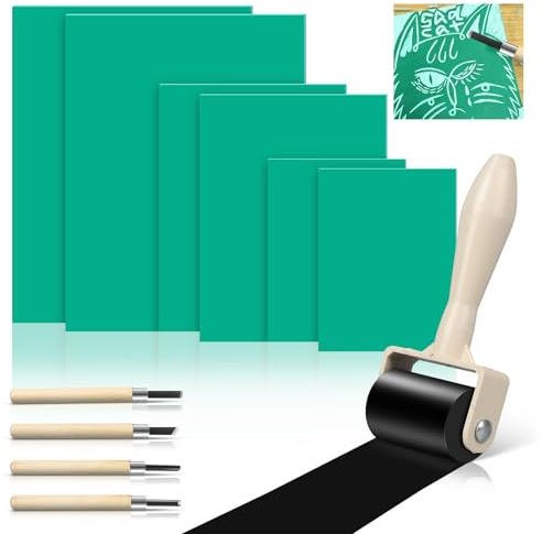 11Pcs Lino Printing Kit, Green Soft Flat Surface Linocut Printing Plates Set for Easy Lino Carving Art and Craft, for Printmaking Lino Printing Art and Craft