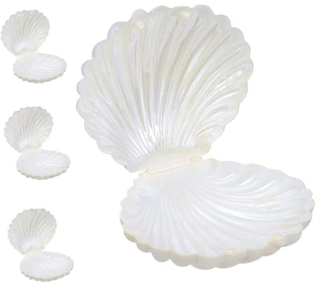 Perlmuttfarbene Muscheln Bonbonschachteln aus PP 4 Stück für Mädchen | Befüllbare Gastgeschenkboxen, Schmuckorganizer in Beige, für Strandfeiern und Elegante Hochzeiten